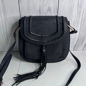 Vintage Franco Sarto Grey Saddle Bag Crossbody Purse Gray Leather Tassels 10x9"